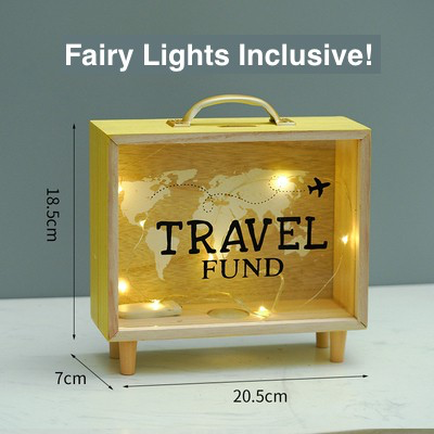 Wooden Fairy Lights Battery Operated LED Coin Piggy Bank Holiday Travel Adventure Fund Savings Box for Gifts