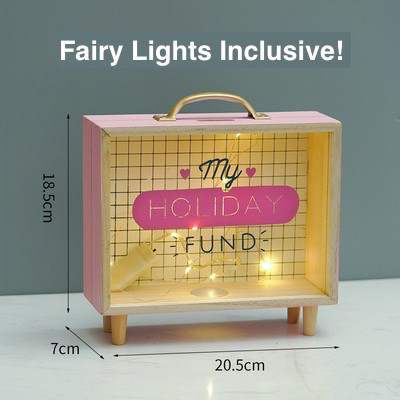 Wooden Fairy Lights Battery Operated LED Coin Piggy Bank Holiday Travel Adventure Fund Savings Box for Gifts