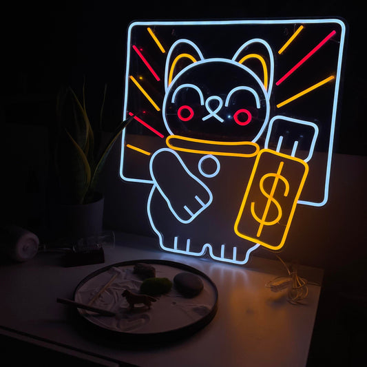 Gold Bar Neko Fortune Cat LED Neon Light